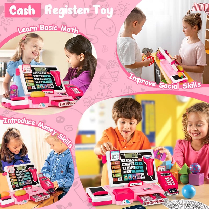 maysida Store Kids Cash Register Toy Playset, Toddler Prentend Play Store with Real Calculator Cash Register with Scanner/Credit Card/Play Money/Food, Learning Toys for Boys Girls Toddlers(Pink) - Image 5